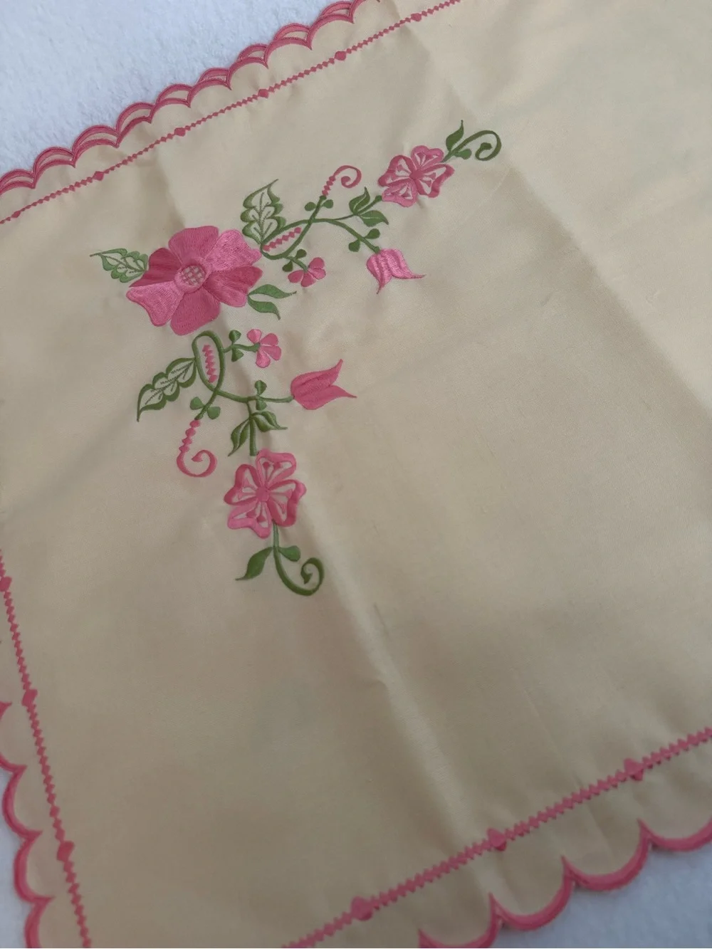 Ivory Pink & Green Floral Embroidered Pillowcase, Scalloped Edge, 33x 23 VTG